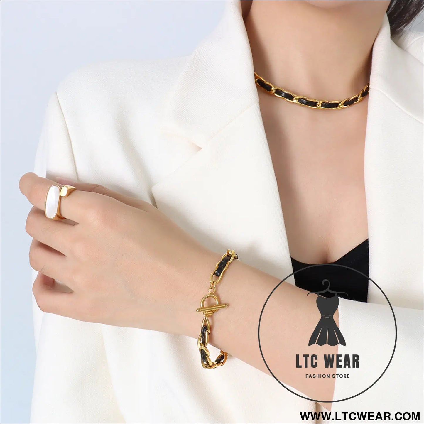 Hip hop design neck chain titanium steel plated 18k real gold leather rope necklace - silver / one size