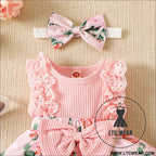 Ibaby and children’s set with pit strip lace splicing flower full print jumpsuit