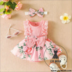 Ibaby and children’s set with pit strip lace splicing flower full print jumpsuit