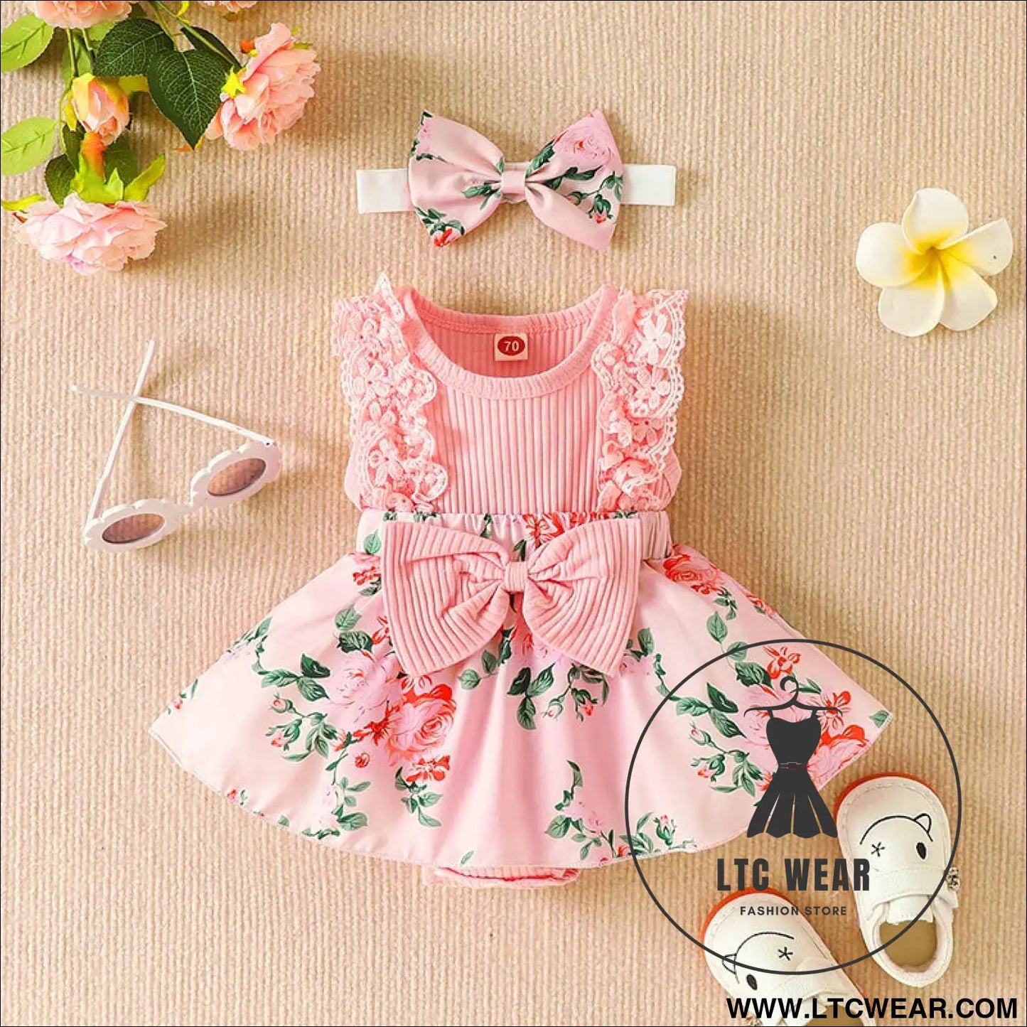 Ibaby and children’s set with pit strip lace splicing flower full print jumpsuit