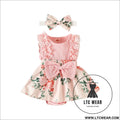 Ibaby and children’s set with pit strip lace splicing flower full print jumpsuit - pink / 70cm