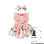 Ibaby and children’s set with pit strip lace splicing flower full print jumpsuit - pink / 70cm