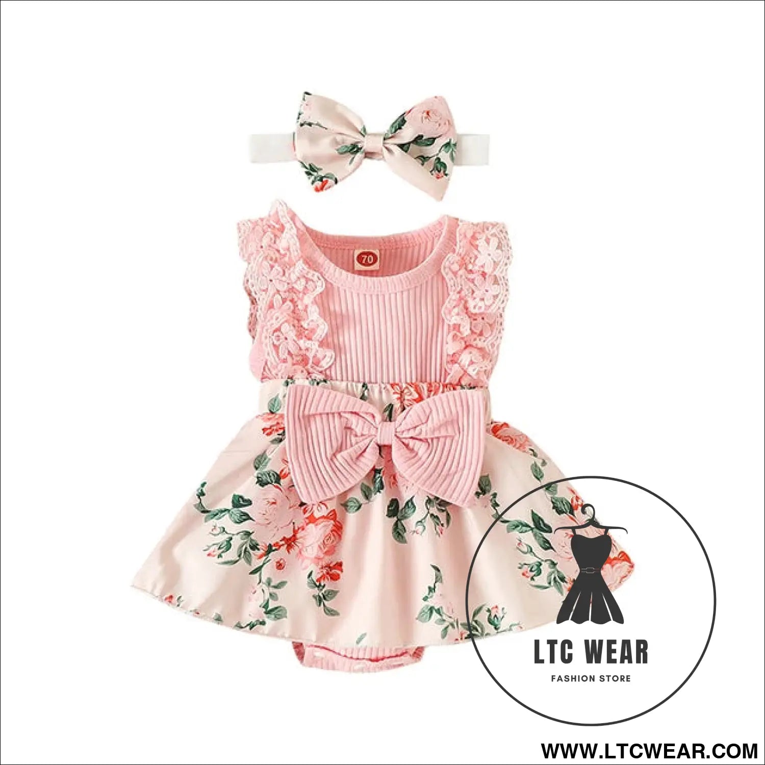 Ibaby and children’s set with pit strip lace splicing flower full print jumpsuit - pink / 70cm
