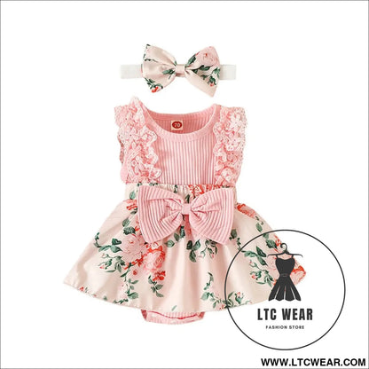 Ibaby and children’s set with pit strip lace splicing flower full print jumpsuit - pink / 70cm