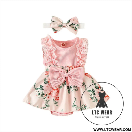 Ibaby and children’s set with pit strip lace splicing flower full print jumpsuit - pink / 70cm