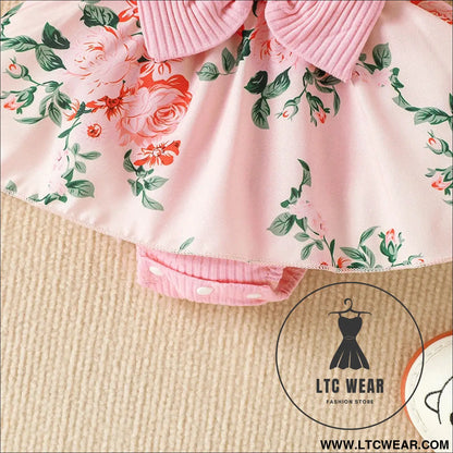 Ibaby and children’s set with pit strip lace splicing flower full print jumpsuit