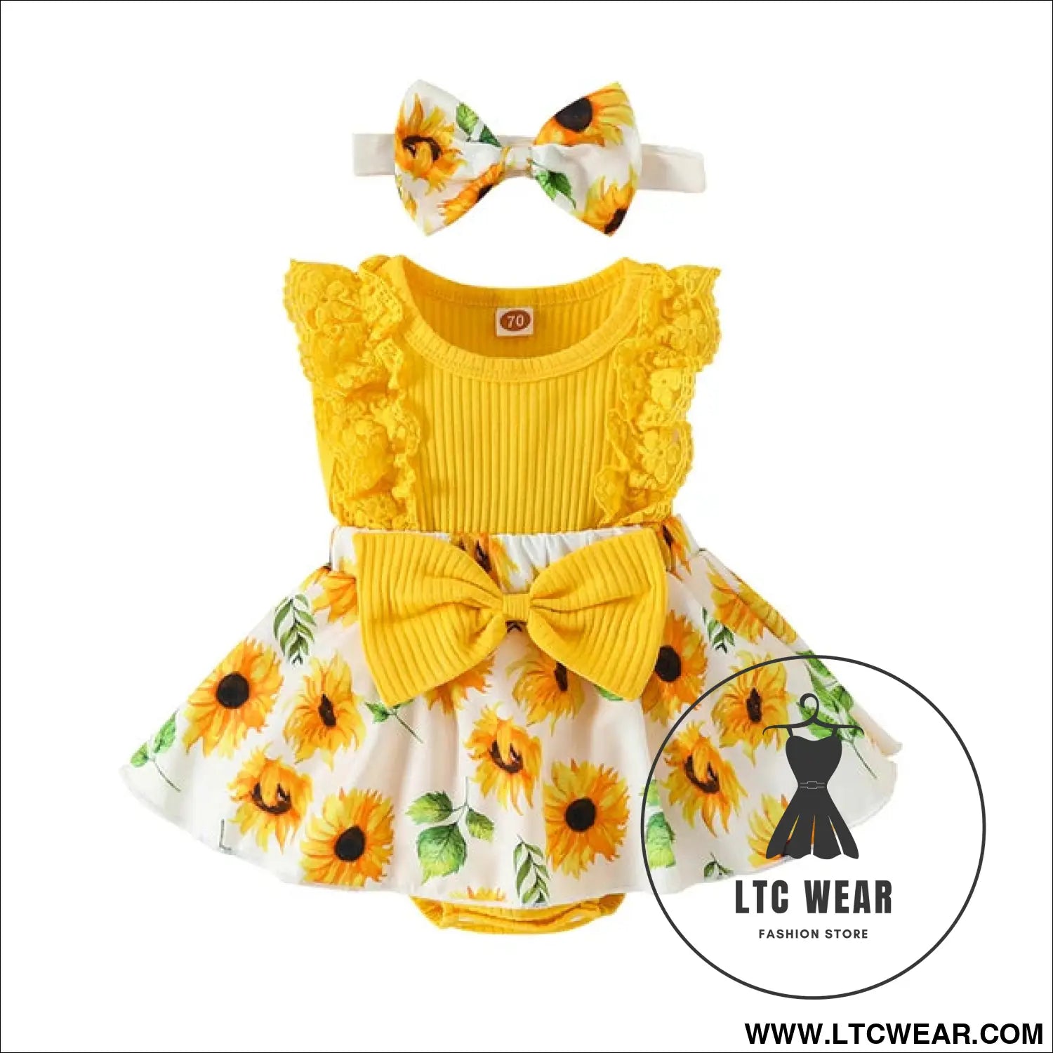 Ibaby and children’s set with pit strip lace splicing flower full print jumpsuit - yellow / 70cm