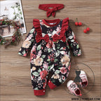 Infant children’s long-sleeved lace bow flower one-piece romper girl baby autumn and winter romper - black / 0-3m