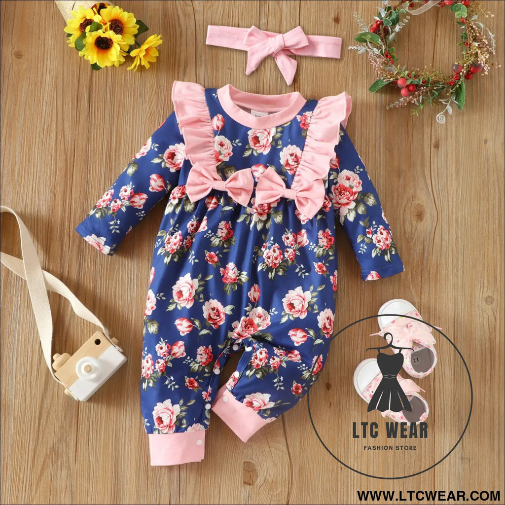 Infant children’s long-sleeved lace bow flower one-piece romper girl baby autumn and winter romper - blue / 0-3m