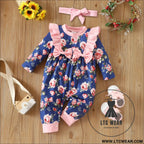 Infant children’s long-sleeved lace bow flower one-piece romper girl baby autumn and winter romper - blue / 0-3m