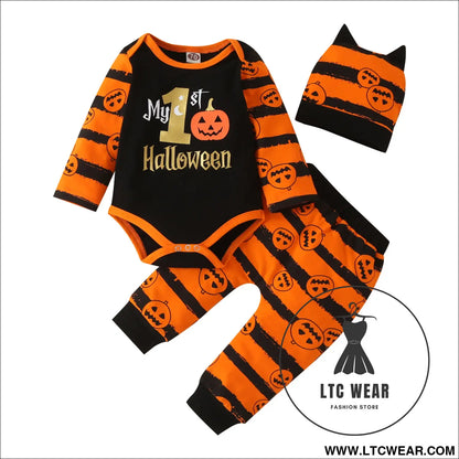 Ins baby children’s clothing autumn and winter new halloween pumpkin print long-sleeved romper three-piece set