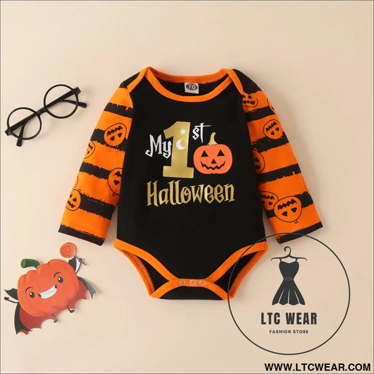 Ins baby children’s clothing autumn and winter new halloween pumpkin print long-sleeved romper three-piece set