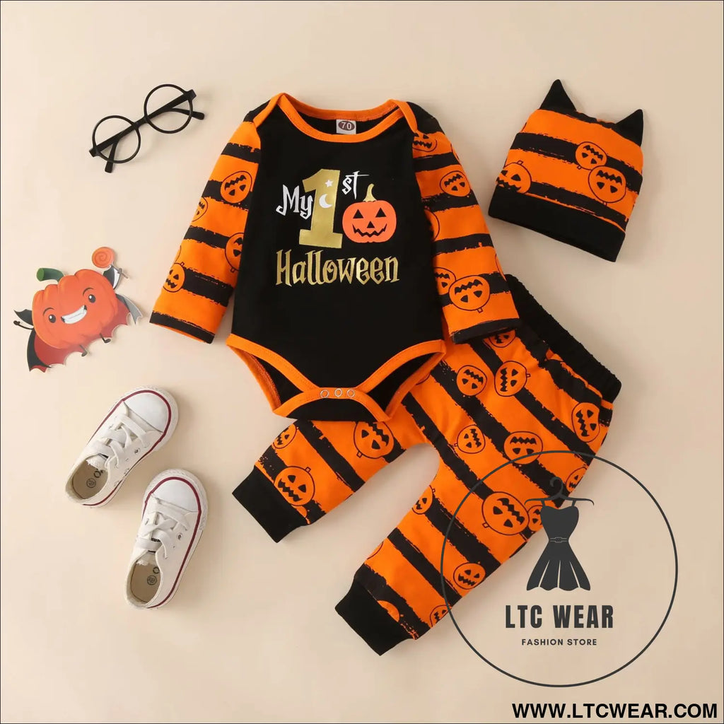 Ins baby children’s clothing autumn and winter new halloween pumpkin print long-sleeved romper three-piece set