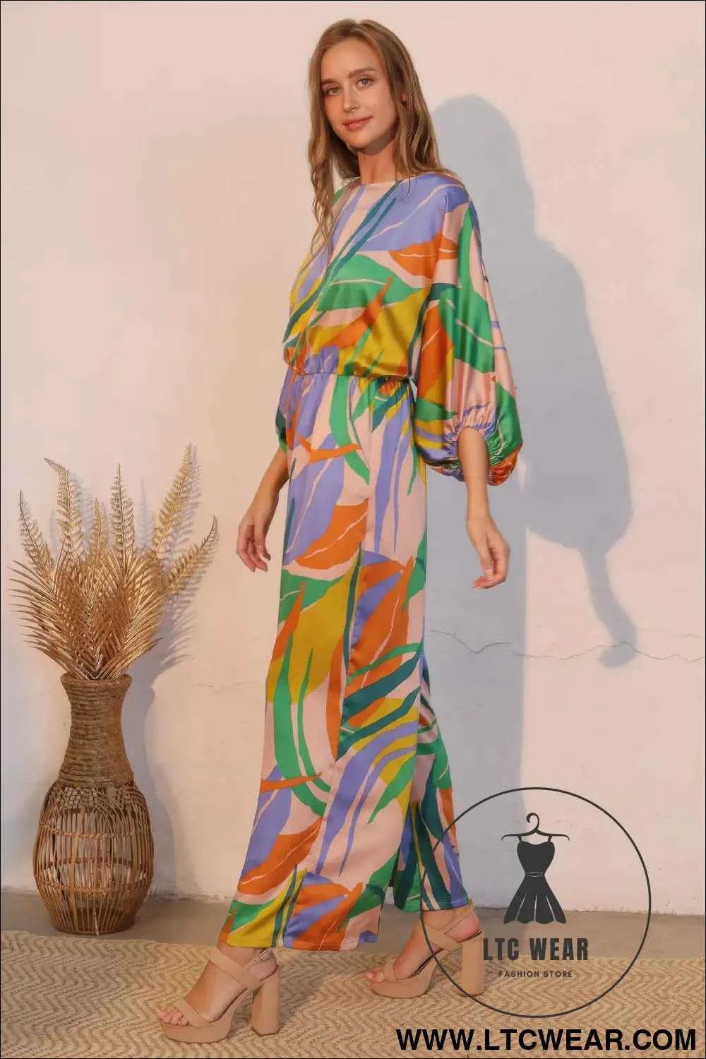 Isla Tropical Satin Boat Neck Blouson Jumpsuit