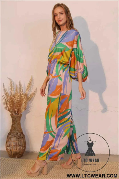 Isla Tropical Satin Boat Neck Blouson Jumpsuit