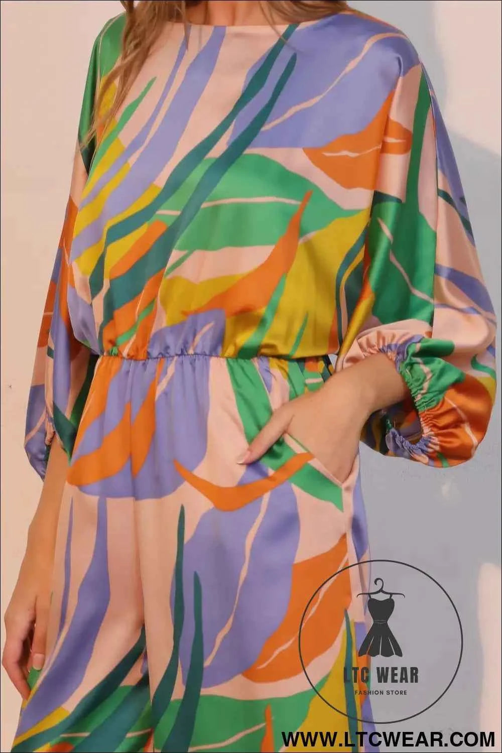 Isla Tropical Satin Boat Neck Blouson Jumpsuit
