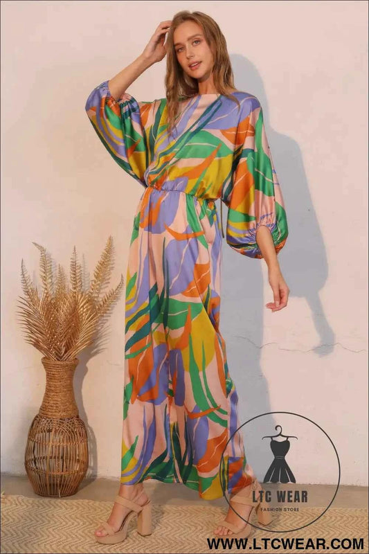 Isla Tropical Satin Boat Neck Blouson Jumpsuit