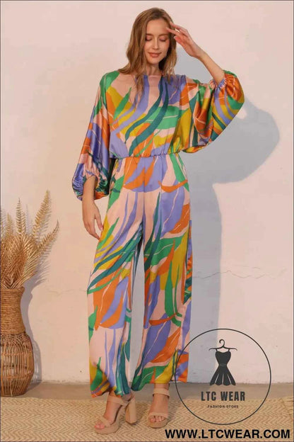 Isla Tropical Satin Boat Neck Blouson Jumpsuit