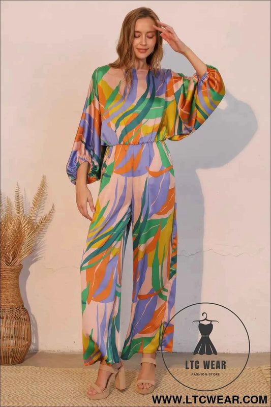 Isla Tropical Satin Boat Neck Blouson Jumpsuit