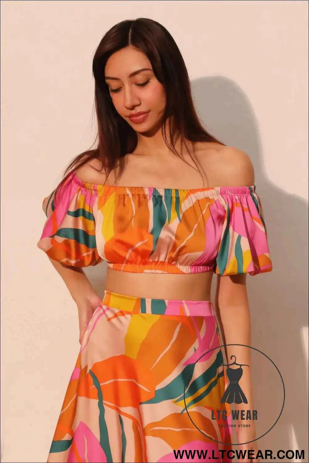Isla Tropical Satin Bubble Sleeve Crop Top