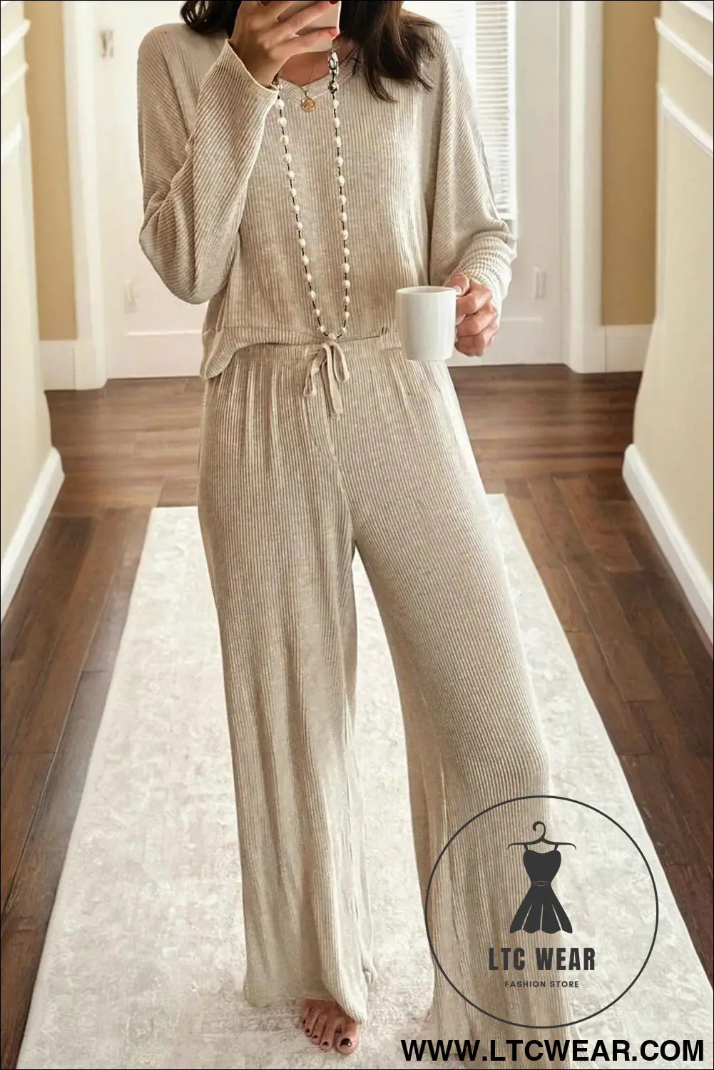 Jet Stream 3D Ribbed V Neck Pullover Drawstring Pants 2 Piece Lounge Set