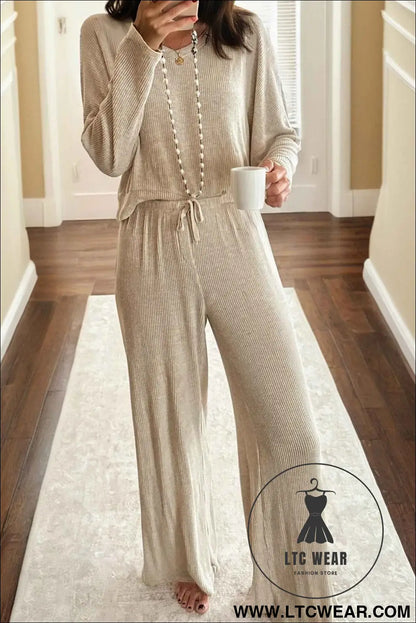 Jet Stream 3D Ribbed V Neck Pullover Drawstring Pants 2 Piece Lounge Set