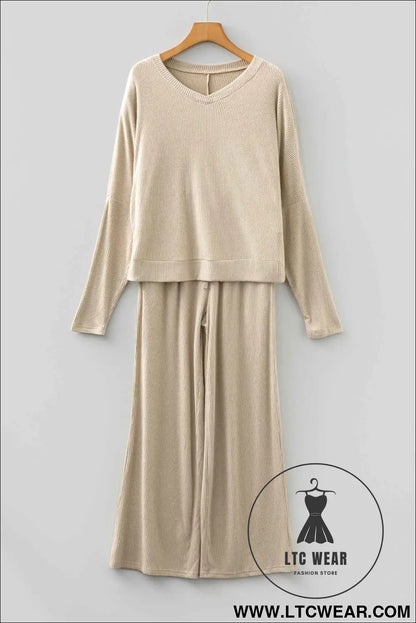 Jet Stream 3D Ribbed V Neck Pullover Drawstring Pants 2 Piece Lounge Set