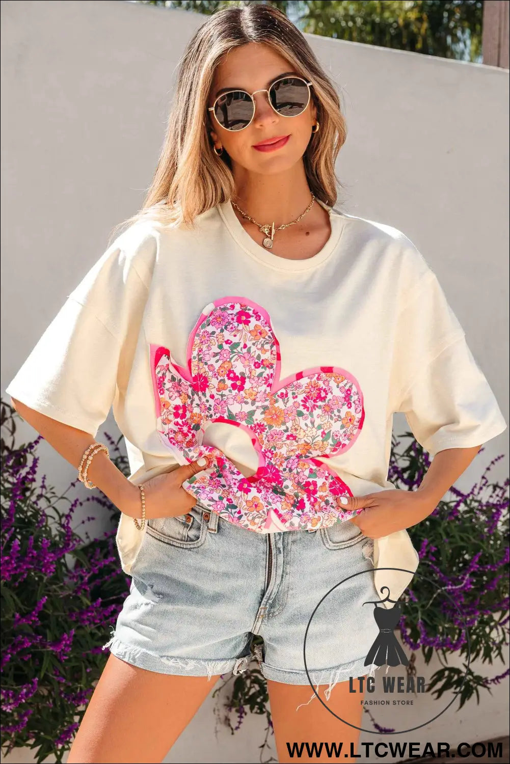Jet Stream Floral Patched Raw Seam Big Flower Oversize Tee