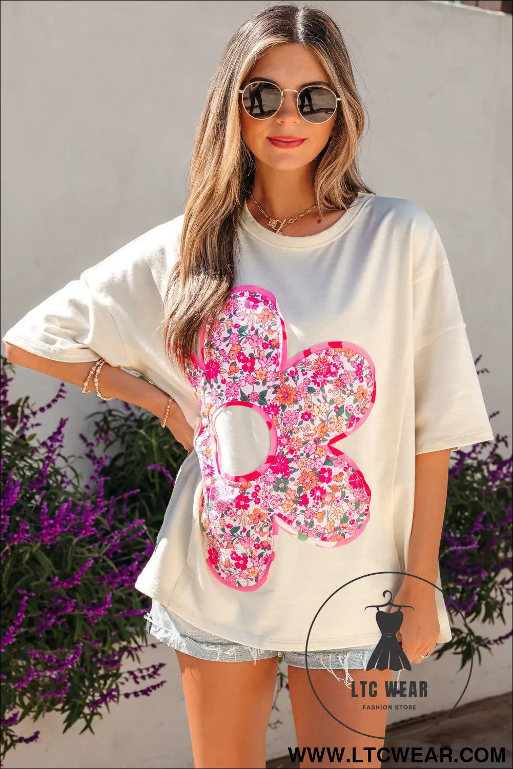 Jet stream floral patched raw seam big flower oversize tee - tops & tees