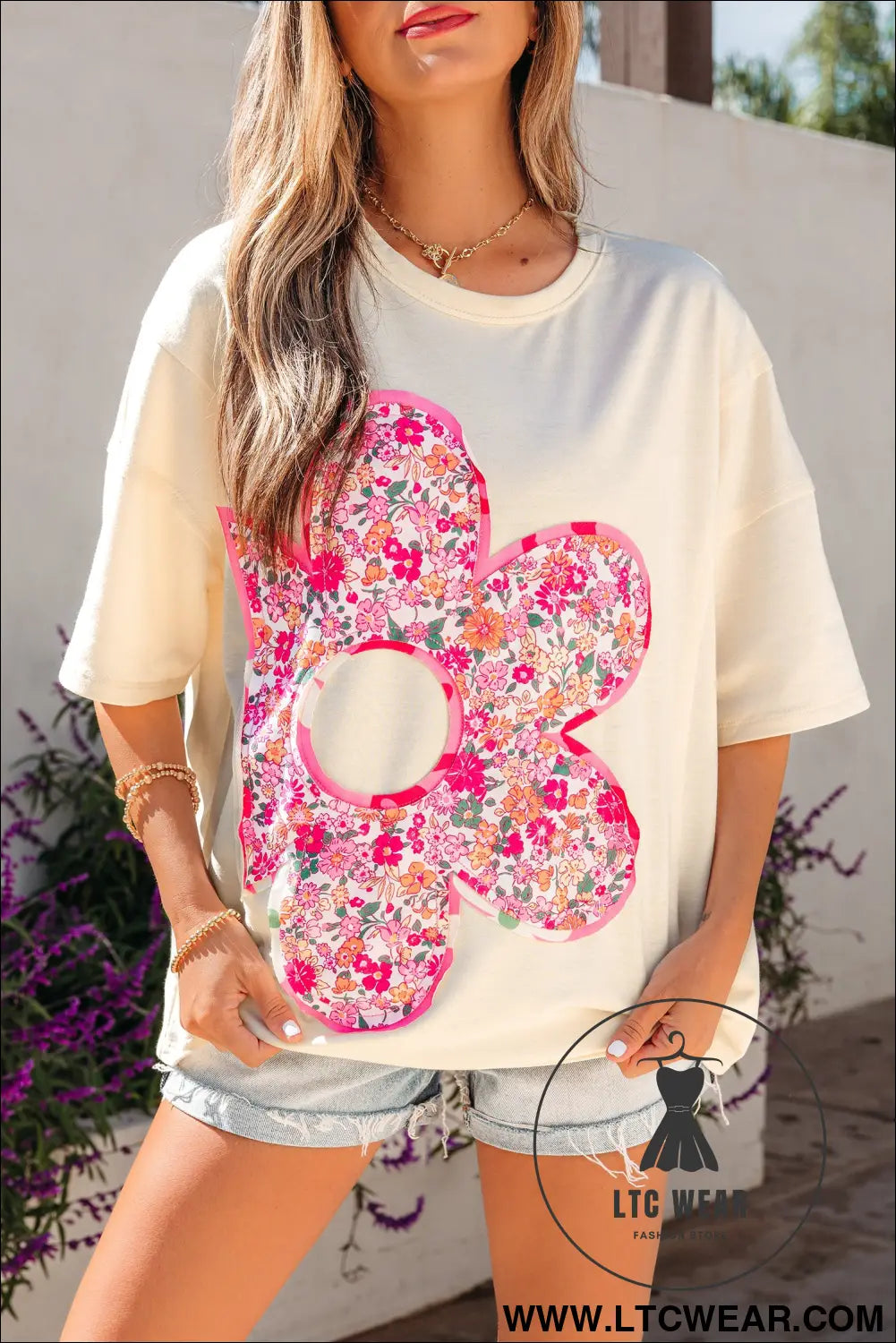 Jet stream floral patched raw seam big flower oversize tee - tops & tees