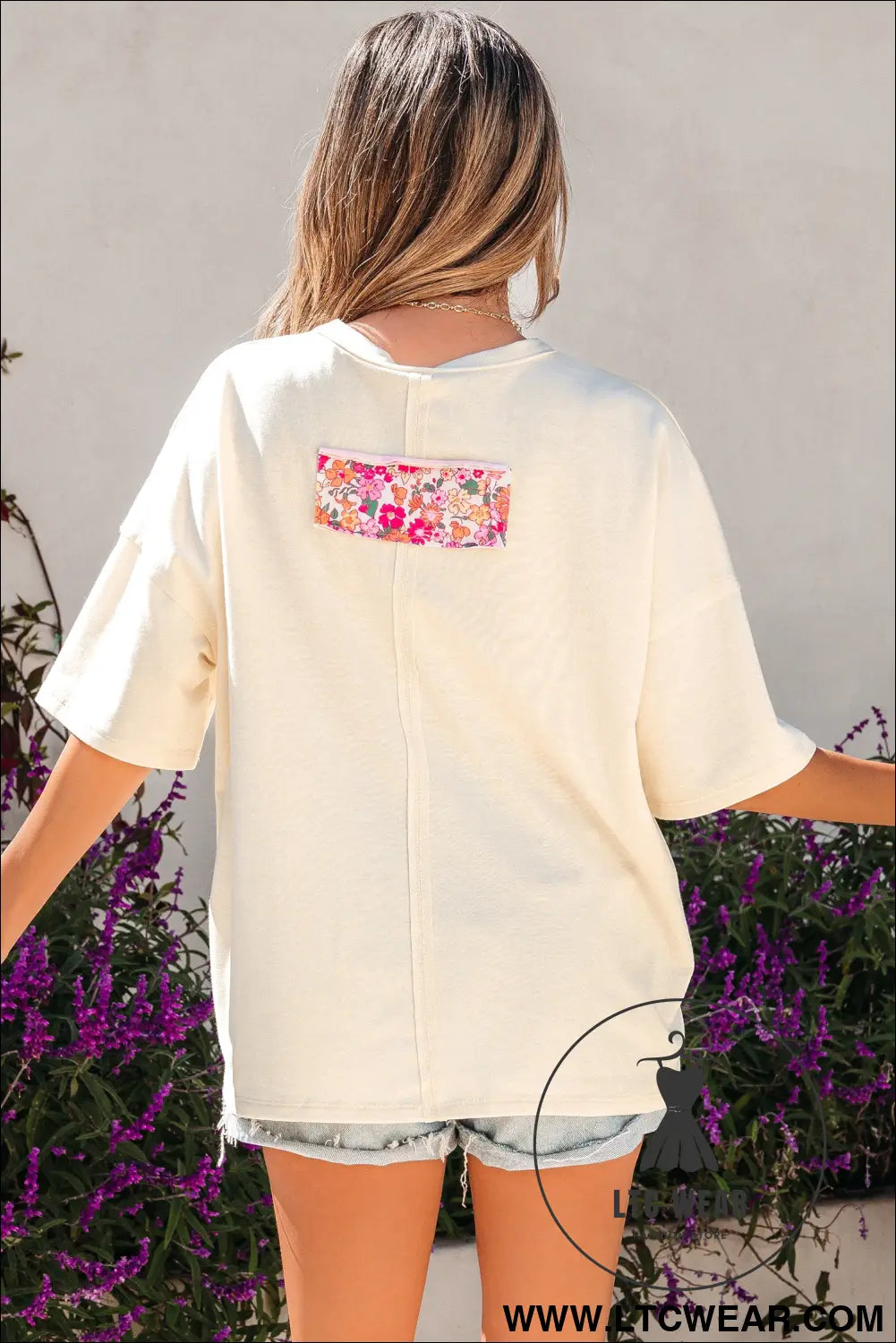 Jet stream floral patched raw seam big flower oversize tee - tops & tees