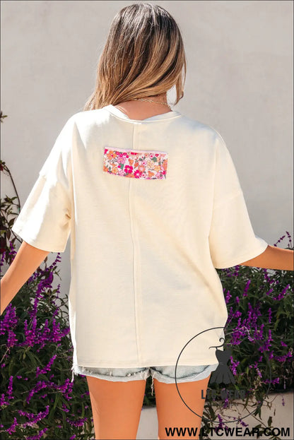 Jet stream floral patched raw seam big flower oversize tee - tops & tees