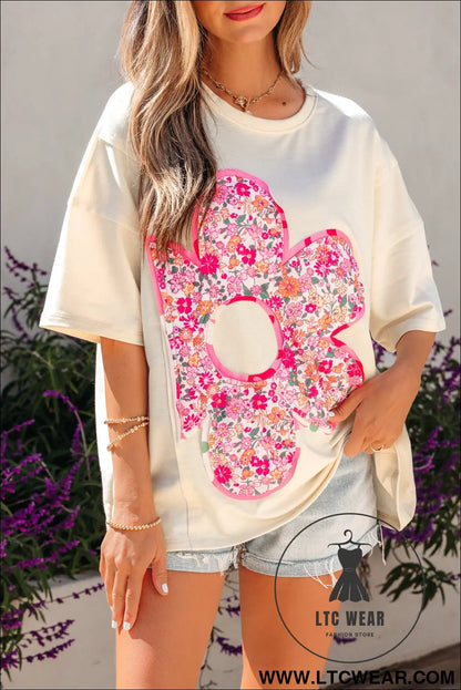 Jet stream floral patched raw seam big flower oversize tee - tops & tees