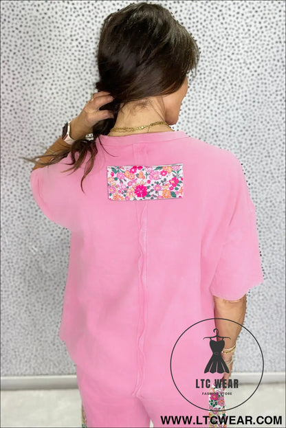 Jet stream floral patched raw seam big flower oversize tee - tops & tees