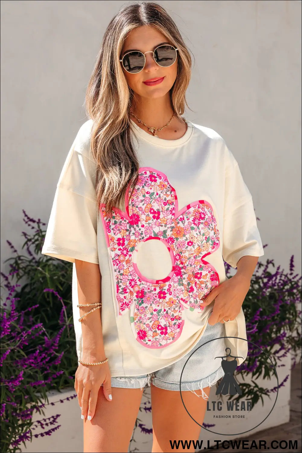 Jet stream floral patched raw seam big flower oversize tee - tops & tees