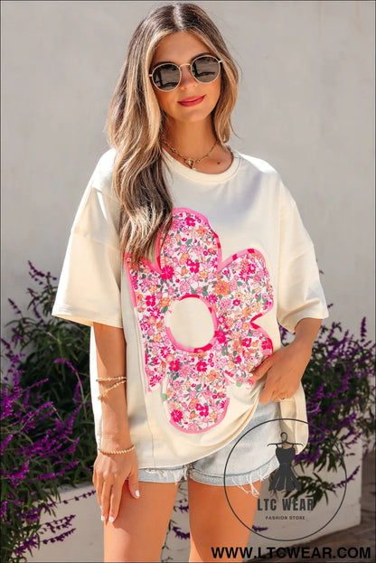 Jet stream floral patched raw seam big flower oversize tee - tops & tees