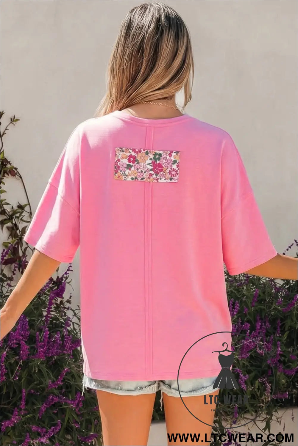 Jet stream floral patched raw seam big flower oversize tee - tops & tees