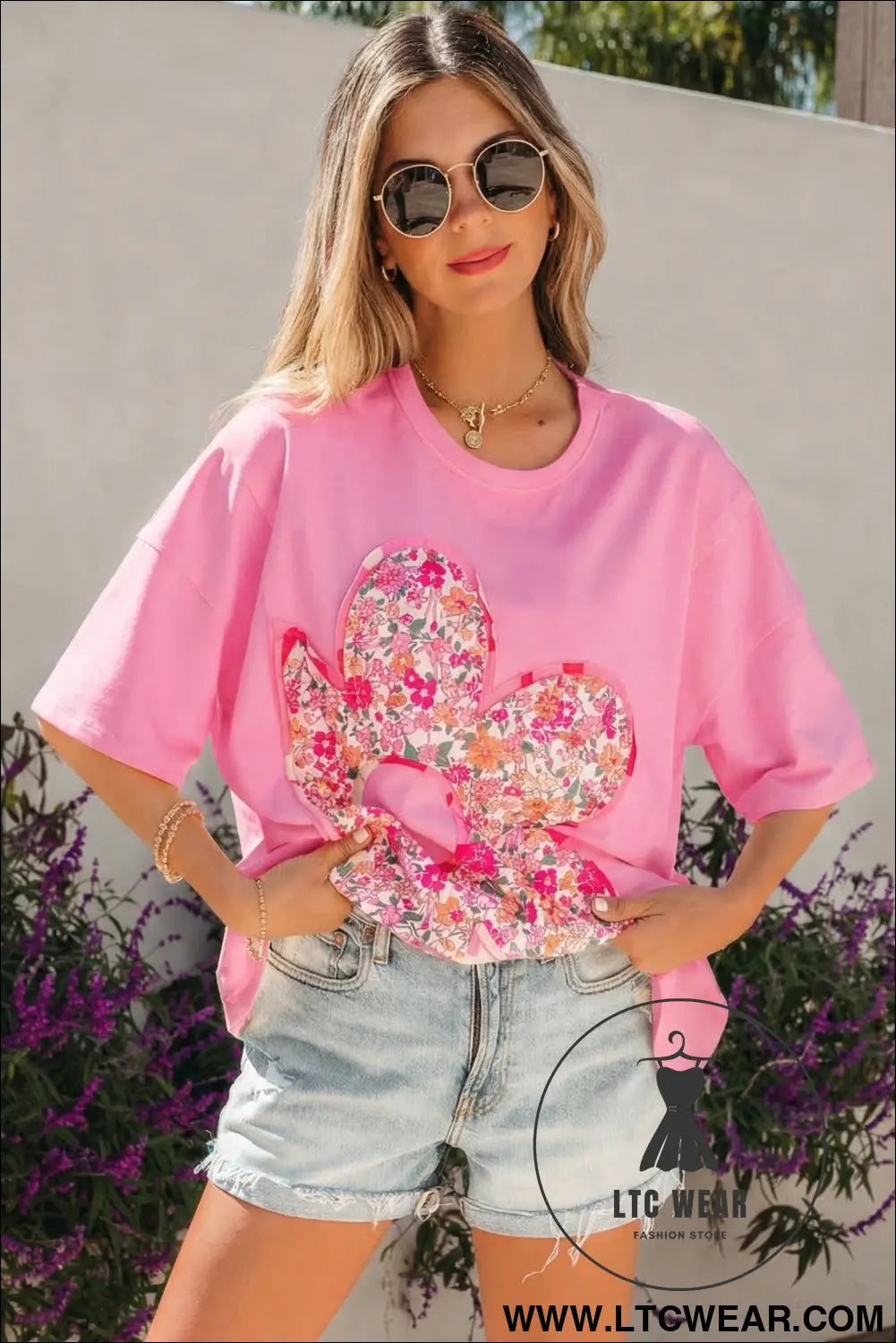 Jet stream floral patched raw seam big flower oversize tee - tops & tees