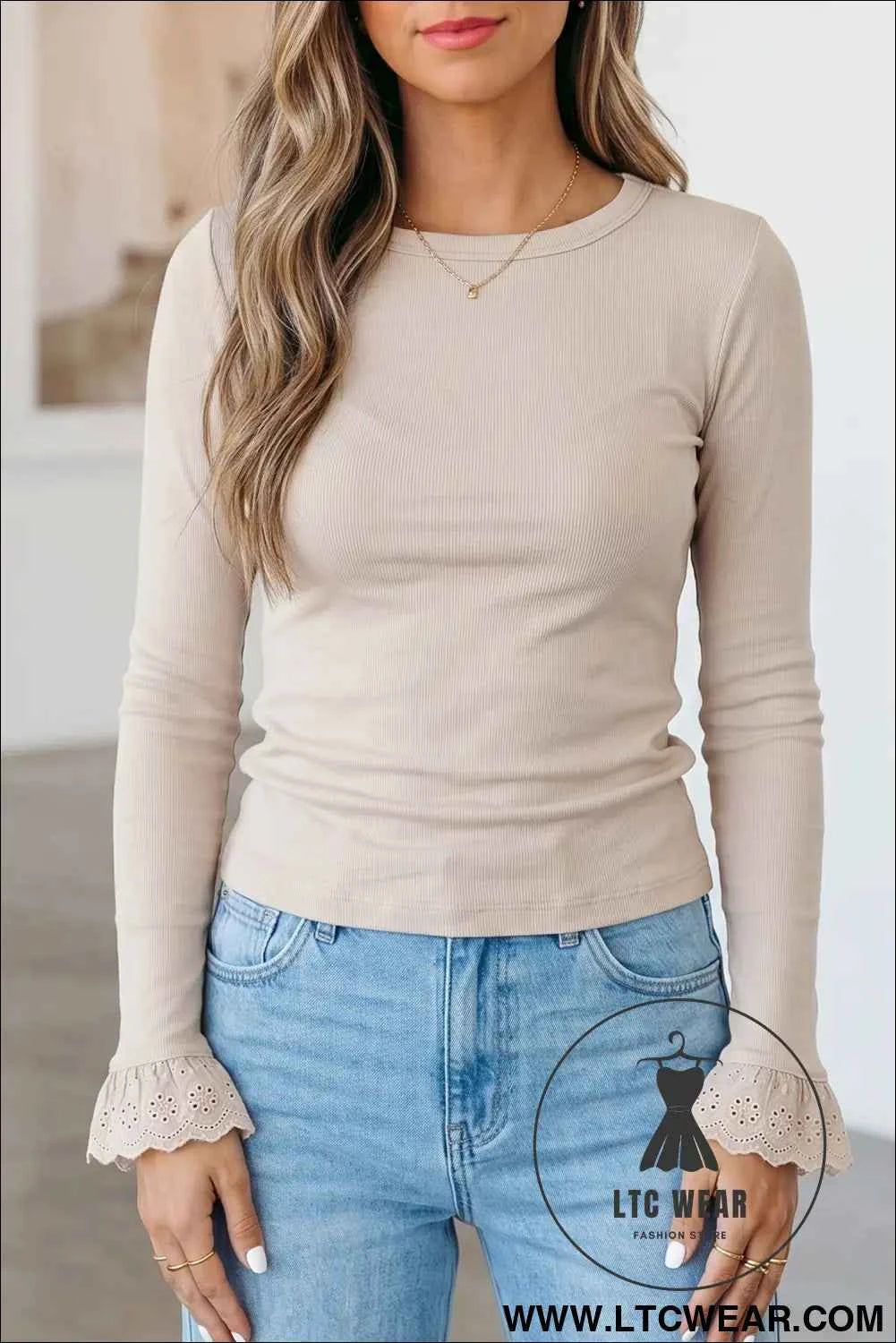 Jet Stream Lace Cuff Patchwork Round Neck Long Sleeve Top