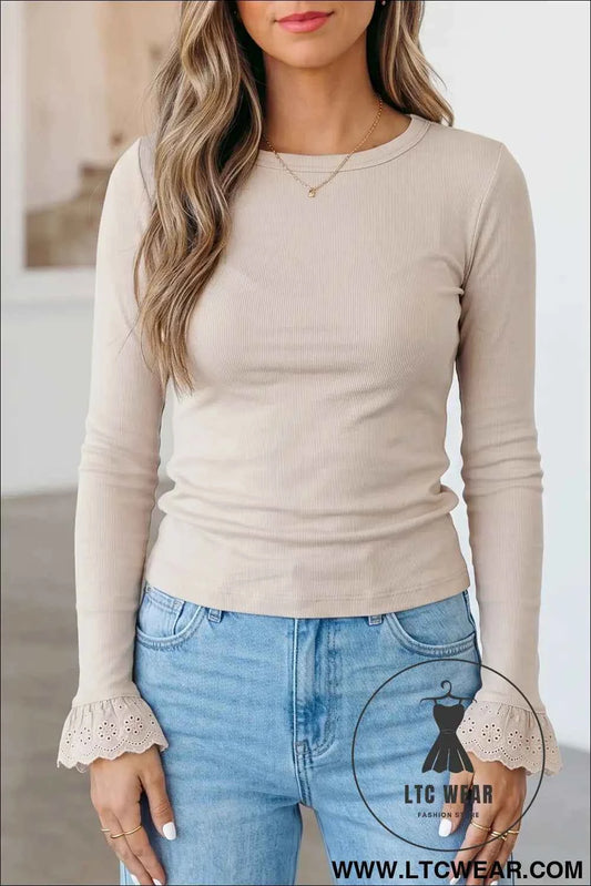 Jet Stream Lace Cuff Patchwork Round Neck Long Sleeve Top