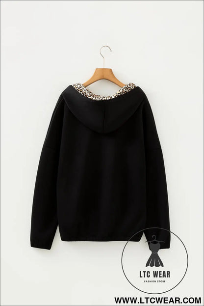 Jet stream leopard contrast drawstring hood drop shoulder loose top - sweatshirts & hoodies