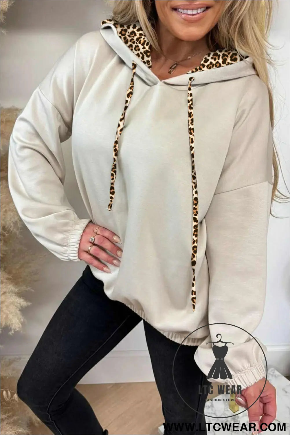 Jet stream leopard contrast drawstring hood drop shoulder loose top - jet stream / l / 50% polyester + 45% viscose + 5%