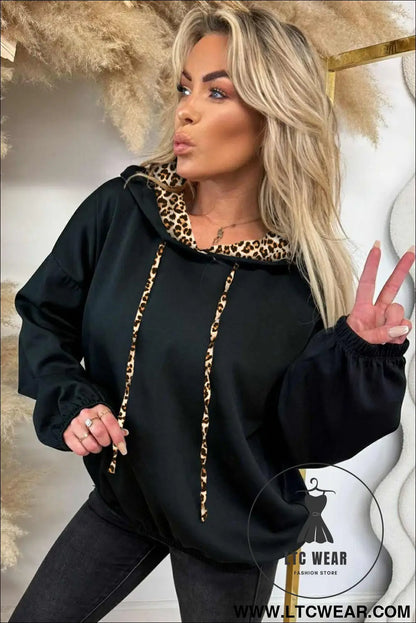 Jet stream leopard contrast drawstring hood drop shoulder loose top - sweatshirts & hoodies