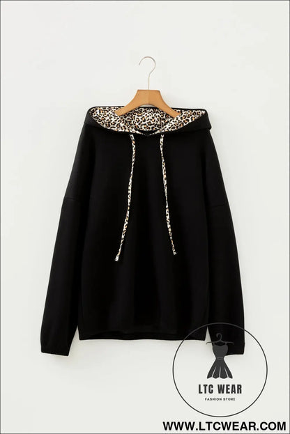 Jet stream leopard contrast drawstring hood drop shoulder loose top - sweatshirts & hoodies