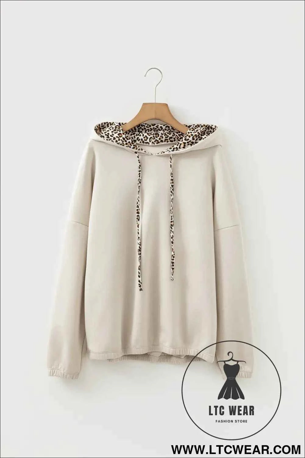 Jet Stream Leopard Contrast Drawstring Hood Drop Shoulder Loose Top