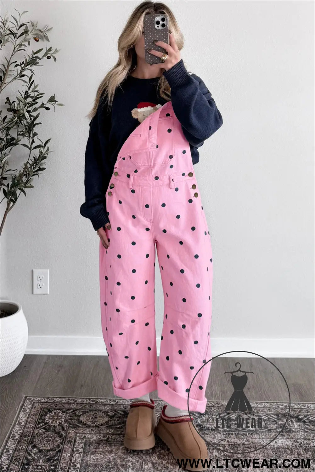 Jet Stream Polka Dot Print Bib Pocket Denim Barrel Overalls Jumpsuit - L.T.C Wear Online Fashion Store