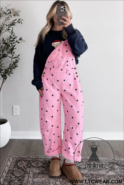 Jet Stream Polka Dot Print Bib Pocket Denim Barrel Overalls Jumpsuit - L.T.C Wear Online Fashion Store