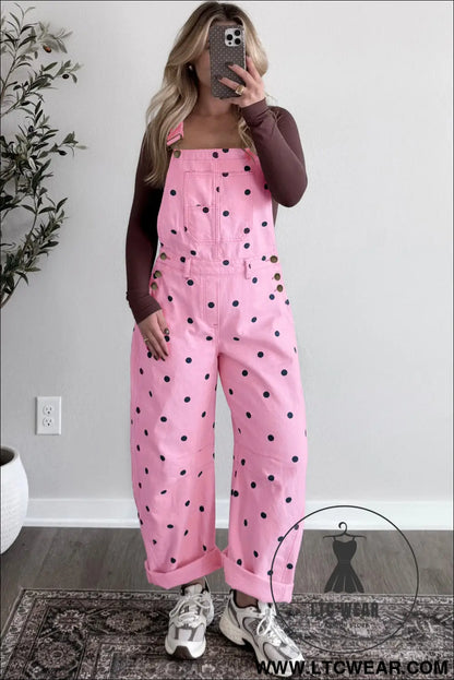 Jet Stream Polka Dot Print Bib Pocket Denim Barrel Overalls Jumpsuit - L.T.C Wear Online Fashion Store