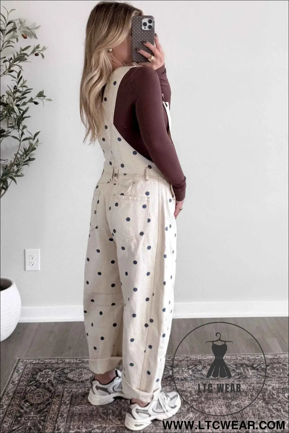 Jet Stream Polka Dot Print Bib Pocket Denim Barrel Overalls Jumpsuit