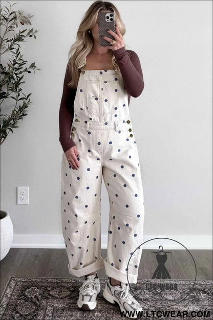 Jet Stream Polka Dot Print Bib Pocket Denim Barrel Overalls Jumpsuit
